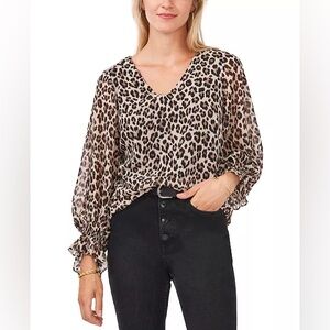 Vince Camuto Leopard Print Smocked Cuff Top Sz XS